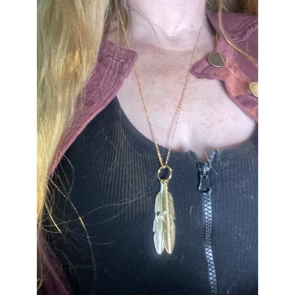 Two Tone Gold Silver Double Feather Pendant Necklace Long Boho Layered Statement